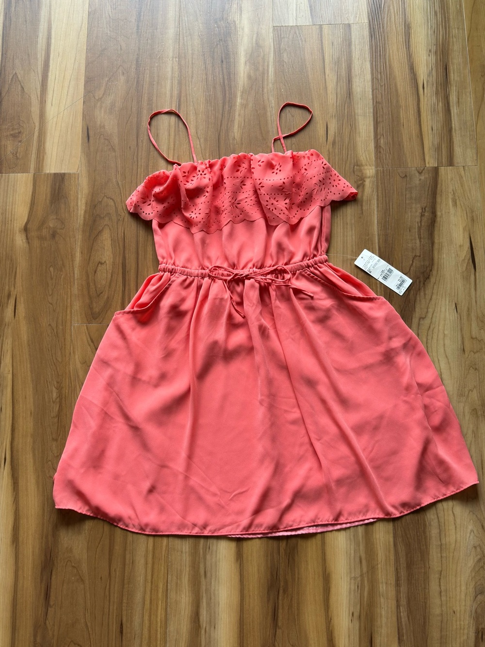 XS Coral Pink Eyelet Ruffle Sundress Dress Spaghetti Strap Paid $60 in Japan